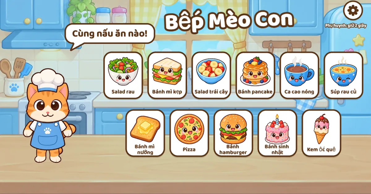 Màn hình chọn món của game Bếp Mèo Con